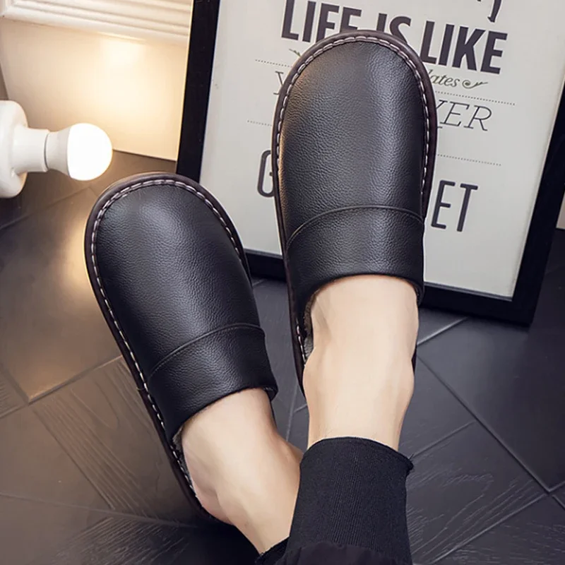 Genuine Leather Slippers Thermal Home Use Cowhide Cotton Autumn Winter Men Women's Indoor Anti-skid Waterproof Upper Thick Sole