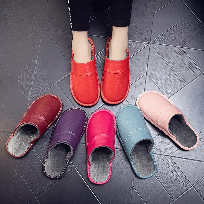 Genuine Leather Slippers Thermal Home Use Cowhide Cotton Autumn Winter Men Women's Indoor Anti-skid Waterproof Upper Thick Sole
