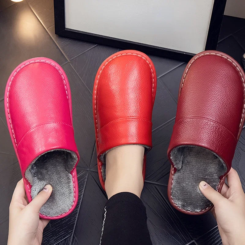 Genuine Leather Slippers Thermal Home Use Cowhide Cotton Autumn Winter Men Women's Indoor Anti-skid Waterproof Upper Thick Sole